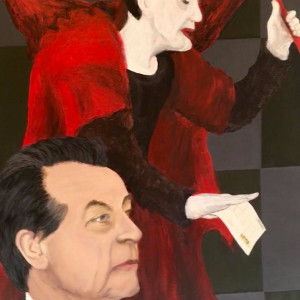 Profile + Verbindungen - Gemälde von Udo A. Heinrich: »Politschach«, Schwarz / Rot 2005 (»nach Mephisto Art«) (Müntefering und die Rentenreform)